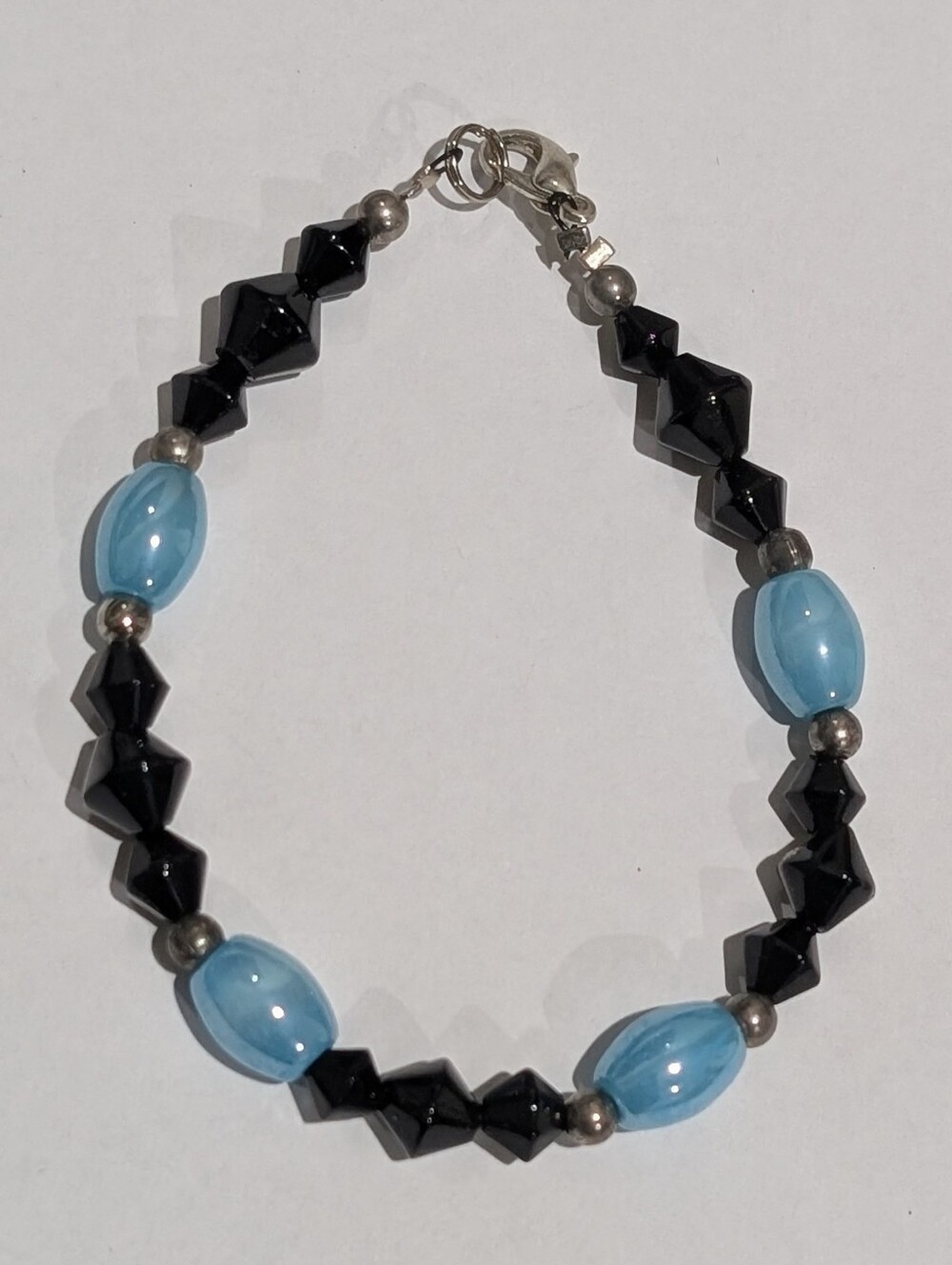 Sterling Silver Blue And Black Beaded Handmade 8" Bracelet